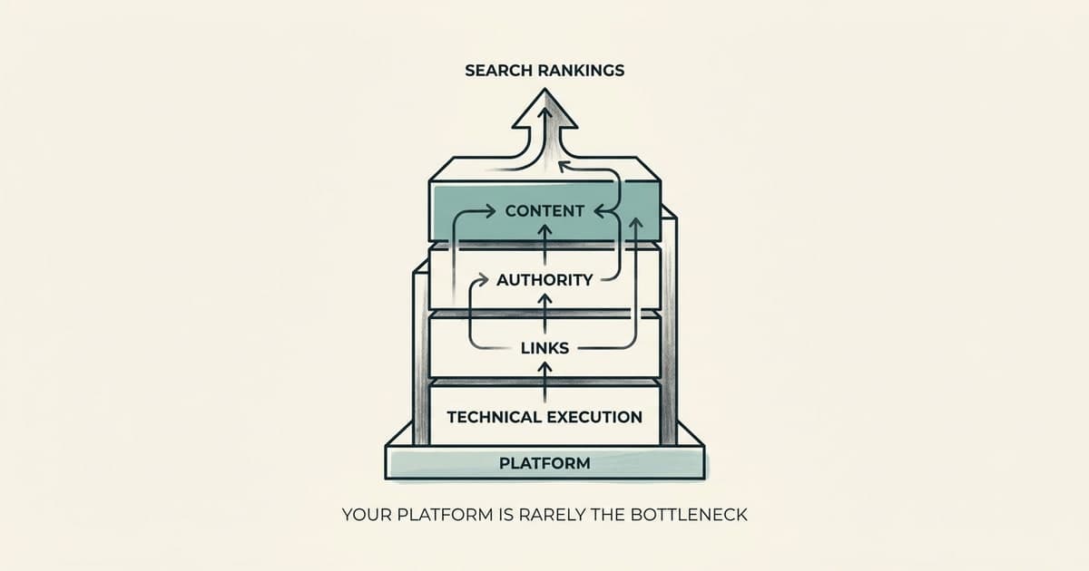 Stack diagram: platform at the base; execution, links, authority, content above. All point to rankings. Caption: your platform is rarely the bottleneck.